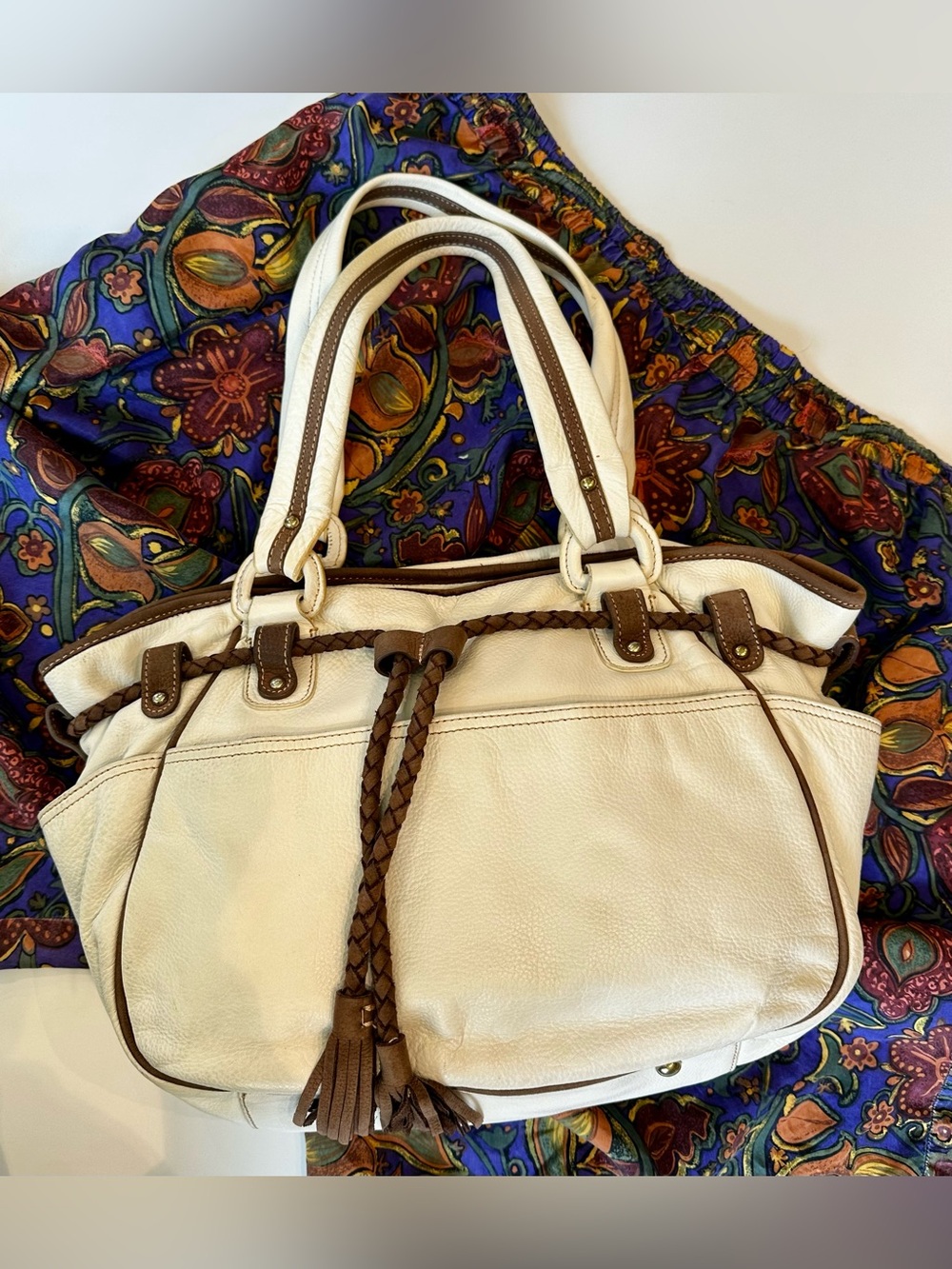 Allison Scott for Stone Mountain Ivory Leather Braided Tassel Tote